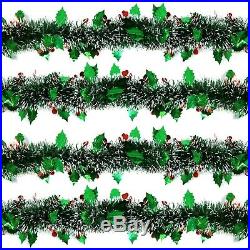 Green Holly Leaf & Berry Christmas Tree Tinsel with White Snow Tips