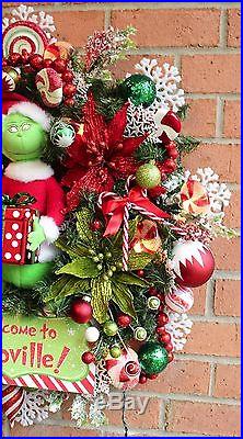 Grinch Christmas Wreath Pre-lit, Peppermint, candy, Large, Welcome to Whoville