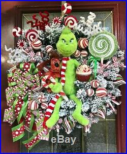 Grinch Flocked Wreath Xmas Decor Candy Cane Cupcake Peppermint Picks Arrangement