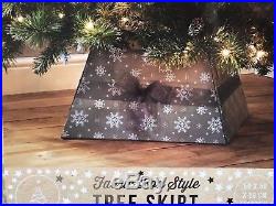 HANDMADE Fabric Box Style Large Grey CHRISTMAS TREE Skirt with Bow Snow Flakes