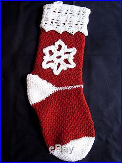 HANDMADE Knit CROCHET White SNOWFLAKE Christmas STOCKING Red HOLIDAY Decoration