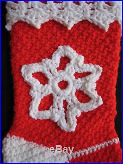 HANDMADE Knit CROCHET White SNOWFLAKE Christmas STOCKING Red HOLIDAY Decoration