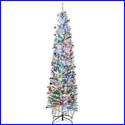 HOMCOM 7.5' Artificial Christmas Tree with Flocked Tips, LED Lights, Decoration