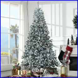 HOMCOM 7.5′ Flocked Artificial Christmas Tree with Cold White LED Lights