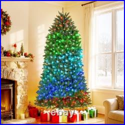 HOMCOM 7.5ft Christmas Tree with RGB LEDs, App Control, Hinged Xmas Tree