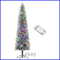 HOMCOM 9 ft Pencil Christmas Tree, Pre-Lit Xmas Tree with Dual Color Lights