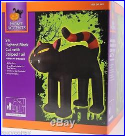 Halloween 9 ft Lighted Black Cat with Orange Stripe Tail Airblown Inflatable NIB
