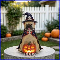 Halloween Bulldog Witch Statue, LED Light Up Jack-O-Lantern Pumpkin Table Decor