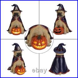 Halloween Bulldog Witch Statue, LED Light Up Jack-O-Lantern Pumpkin Table Decor