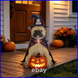 Halloween Bulldog Witch Statue, LED Light Up Jack-O-Lantern Pumpkin Table Decor