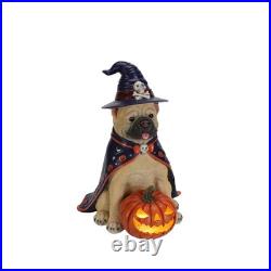Halloween Bulldog Witch Statue, LED Light Up Jack-O-Lantern Pumpkin Table Decor