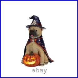 Halloween Bulldog Witch Statue, LED Light Up Jack-O-Lantern Pumpkin Table Decor