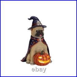 Halloween Bulldog Witch Statue, LED Light Up Jack-O-Lantern Pumpkin Table Decor