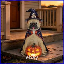 Halloween Bulldog Witch Statue, LED Light Up Jack-O-Lantern Pumpkin Table Decor