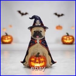 Halloween Bulldog Witch Statue, LED Light Up Jack-O-Lantern Pumpkin Table Decor