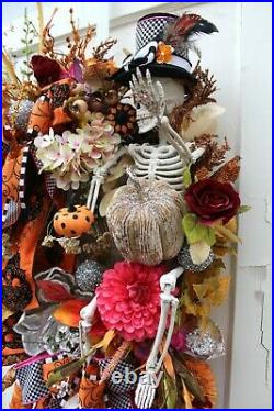 Halloween Fall Wreath Skeleton Designer Skeleton Face Ribbon Glitz and Glam