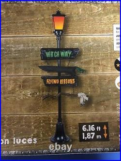 Halloween Gemmy 6 ft Lamp Post Witch Way Lighted Sign Broom Haunted Prop NEw