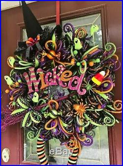 Halloween Wreath Arrangement Raz Witch Legs Hat Candy Corn Ghost Bow Deco Mesh