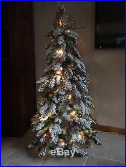Hand Decorated Artificial Pre Lit Frosted/Flocked Christmas Tree. 4 1/2 Ft Tall