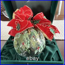 Hand Painted Clear Glass Holly Ball Christmas Bauble Red Bow 2003 Hand Painted Clear Glass Holly Ball Christmas Bauble Red Bow 2003
