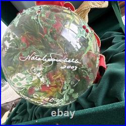 Hand Painted Clear Glass Holly Ball Christmas Bauble Red Bow 2003 Hand Painted Clear Glass Holly Ball Christmas Bauble Red Bow 2003