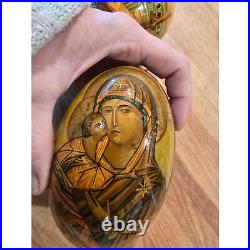Hand-Painted Russian Wooden Eggs Signed Easter Russian Orthodox 3 LG Eggs