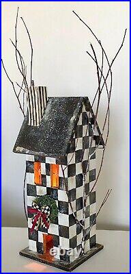 Hand Painted Wood Lighted Holiday House -Wreath Black & White Check Ribbon Bow