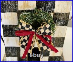 Hand Painted Wood Lighted Holiday House -Wreath Black & White Check Ribbon Bow