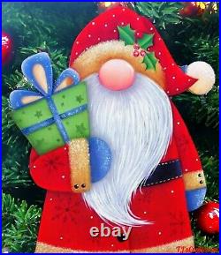 Hand Painted wooden Self Standing Santa Gnome, Christmas Gnome Porch Greeter