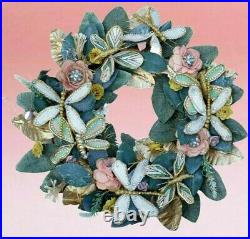 Handcrafted Jeweled Gold Accented Floral Wreath Butterflies & Dragonflies
