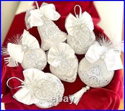 Handmade Christmas ornament set of 6 Fairytale White Velvet Crystal Pearl Decor