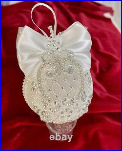 Handmade Christmas ornament set of 6 Fairytale White Velvet Crystal Pearl Decor
