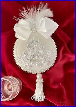Handmade Christmas ornament set of 6 Fairytale White Velvet Crystal Pearl Decor
