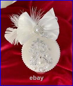 Handmade Christmas ornament set of 6 Fairytale White Velvet Crystal Pearl Decor