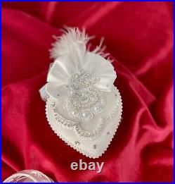 Handmade Christmas ornament set of 6 Fairytale White Velvet Crystal Pearl Decor