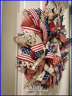 Handmade Patriotic Wreath Perfect 4th Of July Decor Red, White & Blue