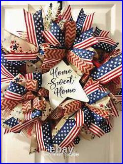 Handmade Patriotic Wreath Perfect 4th Of July Decor Red, White & Blue