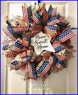 Handmade Patriotic Wreath Perfect 4th Of July Decor Red, White & Blue