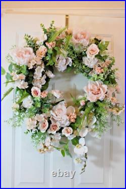 Handmade Shabby Cottage Chic Blush & Peach Grapevine Floral Wreath 26 x 28