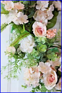 Handmade Shabby Cottage Chic Blush & Peach Grapevine Floral Wreath 26 x 28
