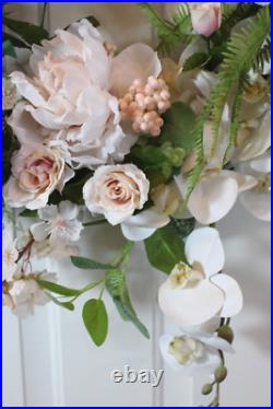 Handmade Shabby Cottage Chic Blush & Peach Grapevine Floral Wreath 26 x 28