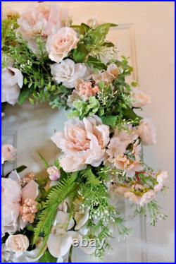 Handmade Shabby Cottage Chic Blush & Peach Grapevine Floral Wreath 26 x 28