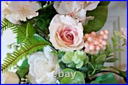 Handmade Shabby Cottage Chic Blush & Peach Grapevine Floral Wreath 26 x 28