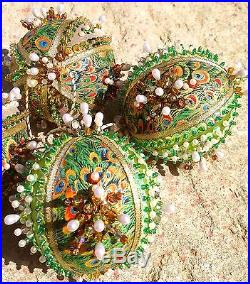 Handmade Unique Beaded 4 Pc Set Peacock Feathers Gold Christmas Ornaments Balls