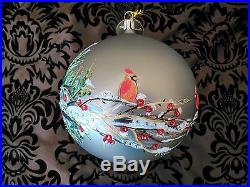 Handpainted Glass Christmas Ornament. Cardinals in Tree #2. Silver. Size 6. NEW