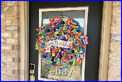 Happy Birthday Balloon Party Front Door Deco Mesh Wreath Gender Neutral