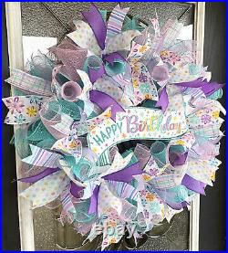 Happy Birthday Banner Party Front Door Deco Mesh Wreath Festive Sparkly Cheerful