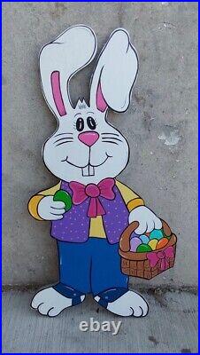 Happy Easter Bunny with Basket Wood Outdoor Yard Art Sign, Easter Outdoor Decor