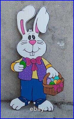 Happy Easter Bunny with Basket Wood Outdoor Yard Art Sign, Easter Outdoor Decor