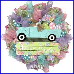 Happy Easter Truck With Pastel Eggs Handmade Deco Mesh Wreath
